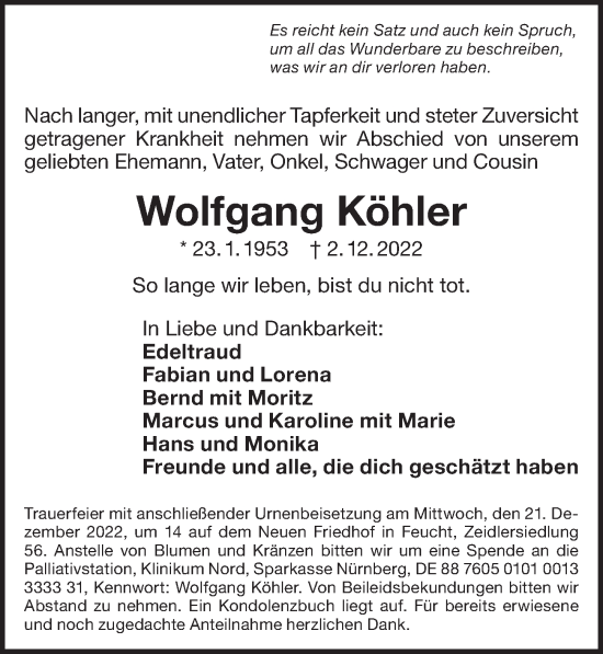 Traueranzeige von Wolfgang Köhler von Der Bote
