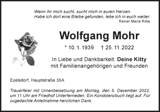 Traueranzeige von Wolfgang Mohr von Der Bote