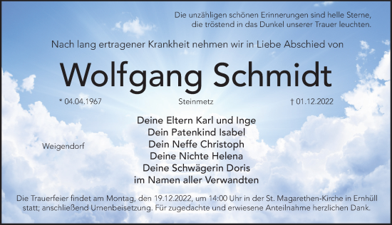 Traueranzeige von Wolfgang Schmidt von Hersbrucker Zeitung Lokal