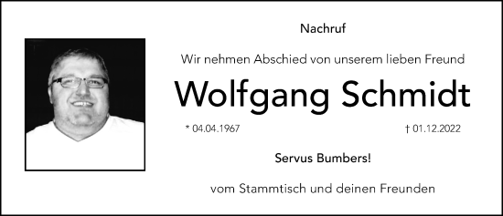 Traueranzeige von Wolfgang Schmidt von Hersbrucker Zeitung Lokal