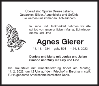 Traueranzeige von Agnes Gierer von Der Bote