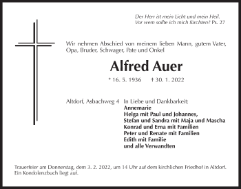 Traueranzeige von Alfred Auer von Der Bote