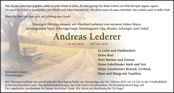 Traueranzeige von Andreas Lederer von Hersbrucker Zeitung