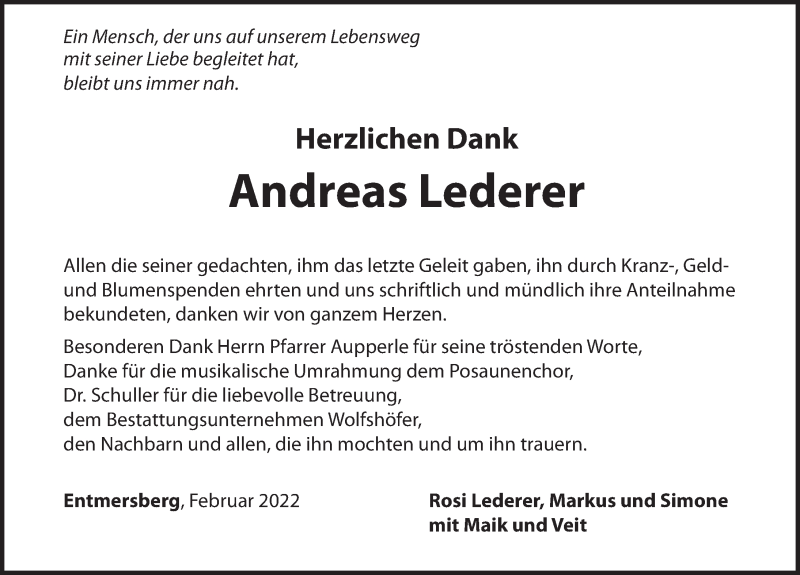  Traueranzeige für Andreas Lederer vom 26.02.2022 aus Hersbrucker Zeitung