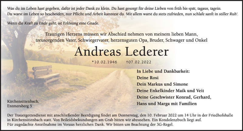  Traueranzeige für Andreas Lederer vom 09.02.2022 aus Hersbrucker Zeitung
