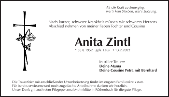 Traueranzeige von Anita Zintl von Pegnitz-Zeitung