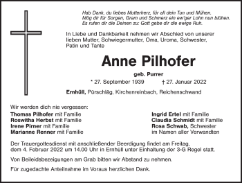 Traueranzeige von Anne Pilhofer von Hersbrucker Zeitung