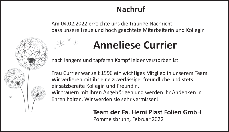  Traueranzeige für Anneliese Currier vom 16.02.2022 aus Hersbrucker Zeitung