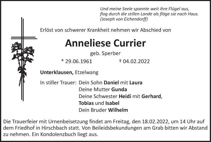  Traueranzeige für Anneliese Currier vom 16.02.2022 aus Hersbrucker Zeitung