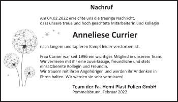 Traueranzeige von Anneliese Currier von Hersbrucker Zeitung