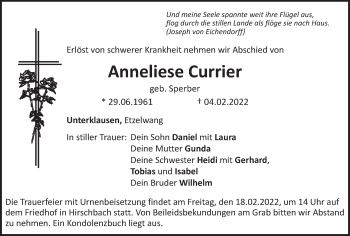 Traueranzeige von Anneliese Currier von Hersbrucker Zeitung