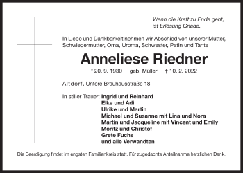 Traueranzeige von Anneliese Riedner von Der Bote