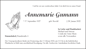 Traueranzeige von Annemarie Gumann von Pegnitz-Zeitung