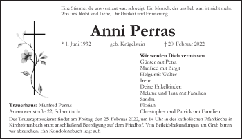 Traueranzeige von Anni Perraas von Pegnitz-Zeitung