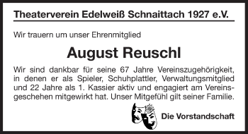 Traueranzeige von August Reuschl von Pegnitz-Zeitung