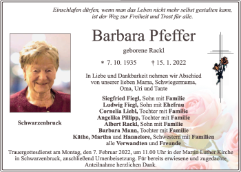 Traueranzeige von Barbara Pfeffer von Der Bote