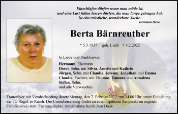 Traueranzeige von Berta Bärnreuther von Der Bote