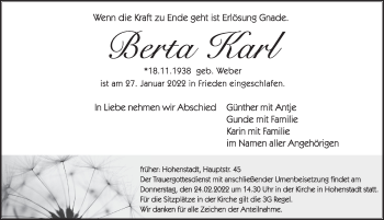 Traueranzeige von Berta Karl von Hersbrucker Zeitung