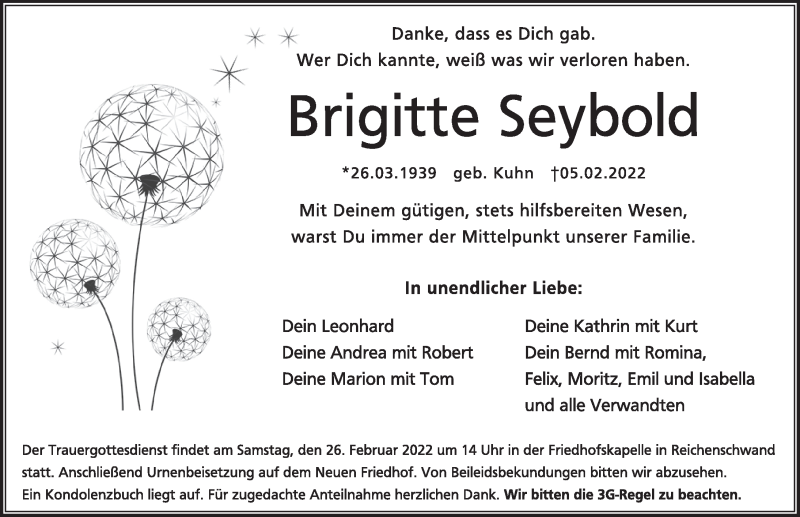  Traueranzeige für Brigitte Seybold vom 23.02.2022 aus Hersbrucker Zeitung