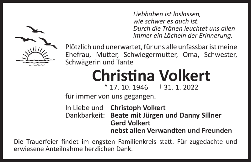  Traueranzeige für Christina Volkert vom 05.02.2022 aus Der Bote