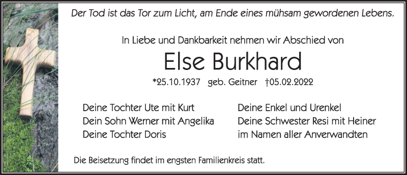  Traueranzeige für Else Brukhard vom 12.02.2022 aus Hersbrucker Zeitung