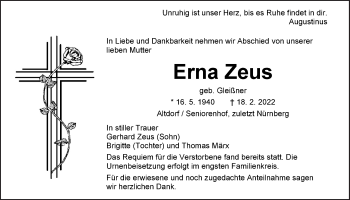 Traueranzeige von Erna Zeus von Der Bote