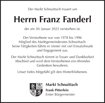 Traueranzeige von Franz Fanderl von Pegnitz-Zeitung