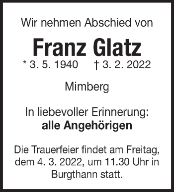 Traueranzeige von Franz Glatz von Der Bote
