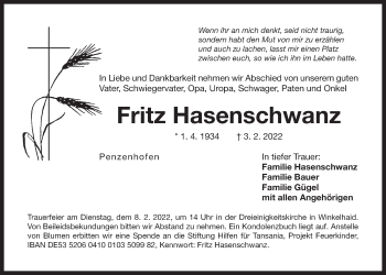 Traueranzeige von Fritz Hasenschwanz von Der Bote