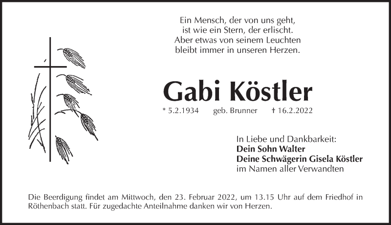  Traueranzeige für Gabi Köstler vom 19.02.2022 aus Pegnitz-Zeitung