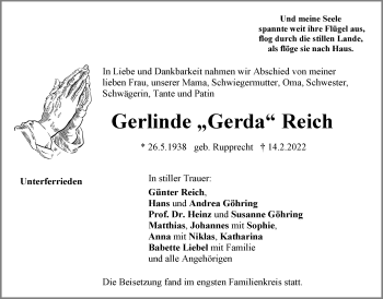 Traueranzeige von Gerlinde Reich von Der Bote