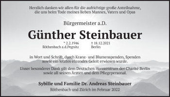 Traueranzeige von Günther Steinbauer von Pegnitz-Zeitung