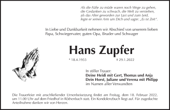 Traueranzeige von Hans Zupfer von Pegnitz-Zeitung