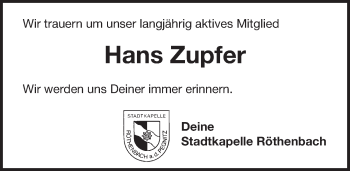 Traueranzeige von Hans Zupfer von Pegnitz-Zeitung