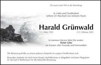Traueranzeige von Harald Grünwald von Pegnitz-Zeitung