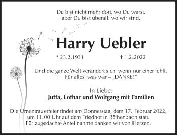 Traueranzeige von Harry Uebler von Pegnitz-Zeitung
