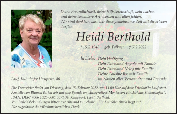 Traueranzeige von Heidi Berthold von Pegnitz-Zeitung