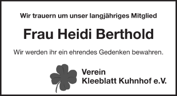Traueranzeige von Heidi Berthold von Pegnitz-Zeitung