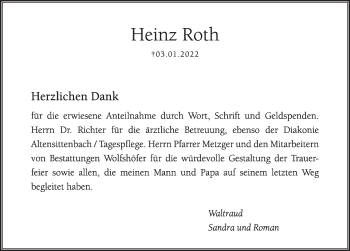 Traueranzeige von Heinz Roth von Hersbrucker Zeitung