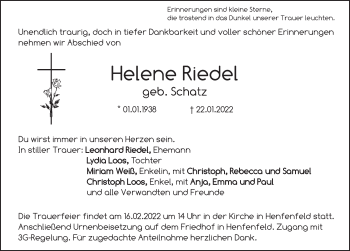 Traueranzeige von Helene Riedel von Hersbrucker Zeitung