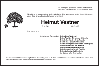 Traueranzeige von Helmut Vestner von Der Bote