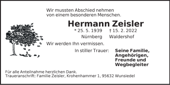 Traueranzeige von Hermann Zeisler von Hersbrucker Zeitung