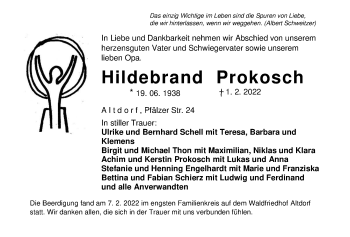 Traueranzeige von Hildebrand Prokosch von Der Bote