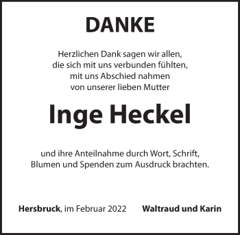 Traueranzeige von Inge Heckel von Hersbrucker Zeitung