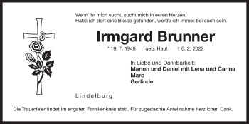 Traueranzeige von Irmgard Brunner von Der Bote