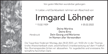 Traueranzeige von Irmgard Löhner von Hersbrucker Zeitung