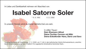 Traueranzeige von Isabel Satorre Soler von Der Bote