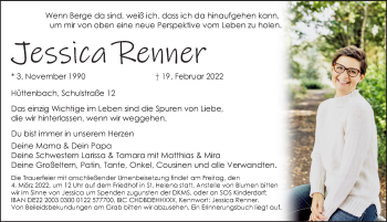Traueranzeige von Jessica Renner von Pegnitz-Zeitung