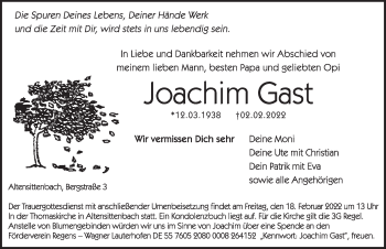 Traueranzeige von Joachim Gast von Hersbrucker Zeitung