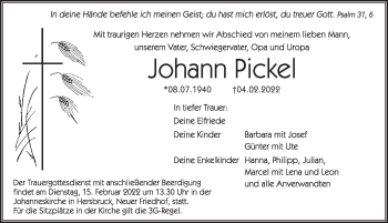 Traueranzeige von Johann Pickel von Hersbrucker Zeitung